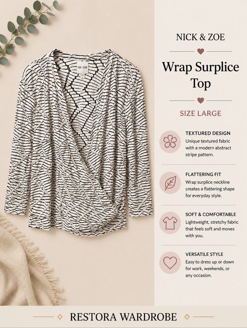 NIC+ZOE Ivory Black Textured Stripe Wrap Top 3/4 Sleeve L